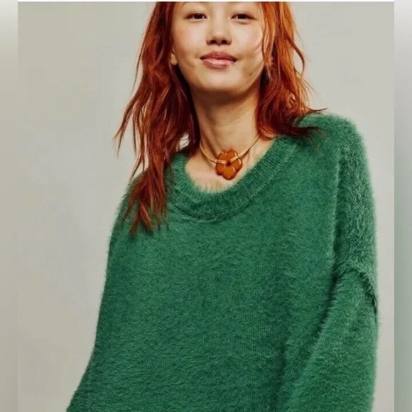 Free People Harrison Bunny crew fuzzy teddy sweater oversized green XL - Picture 2 of 9